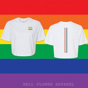 Gay Flag Jersey Crop Tee, Retro LGBTQ Checkered Parade Cotton Top White - Checkered