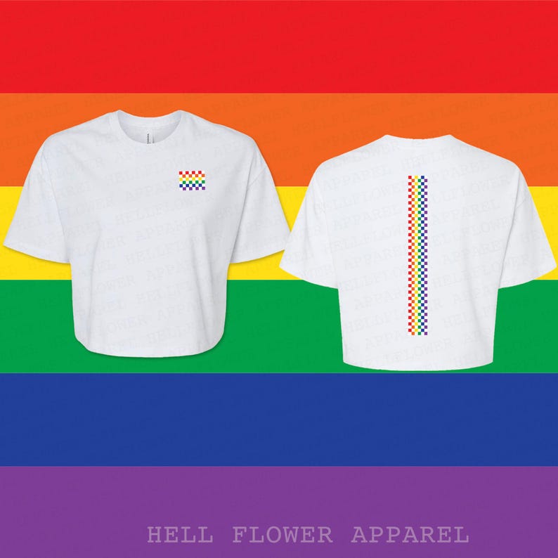Gay Flag Jersey Crop Tee, Retro LGBTQ Checkered Parade Cotton Top White - Checkered