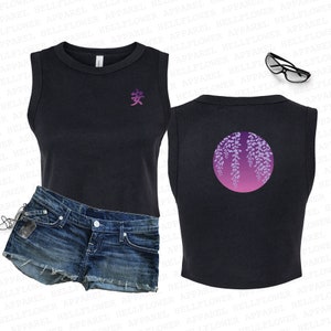 Wisteria Moon Crop Muscle Tank, Japanese Stretch Fit Flower Micro Rib Baby Tee