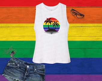 Gay Pride Sunset Island Racerback Cropped Tank, Women's Light-Weight & Thin Beach Tank, Soft Summer Tropical Beach Top, Pride Island Tank