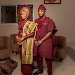Burgundy Traditional Wedding Attire for Couple. Asooke for Couple ...