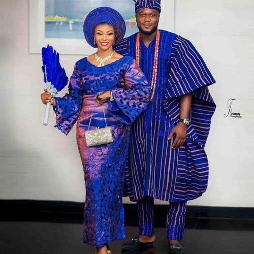Bridal asooke/Royal blue two tone asooke/Asooke for couple/African traditional wedding dress/iyawo outfit/yoruba bride/burnt Orange and blue