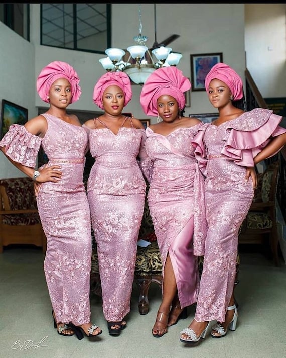 Onion Pink Lace Dress for 5 Bridesmaids. Nigerian Wedding Suit for