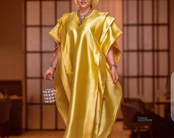 Classic gold silk maxi dress. Boubou dress in real gold. Rich Aunty vibes bubu dress. 40th birthday attire for photoshoot. Date night dress.