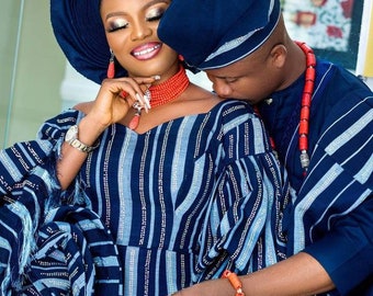 Navyblue mixed with skyblue Nigerian wedding dress/African matching outfits/Asooke outfit for couples/Nigerian traditional wedding dress