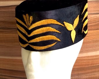 Black velvet round caps for occasions. African men’s hat. Black and gold cap for wedding. Grooms and groomsmen caps.