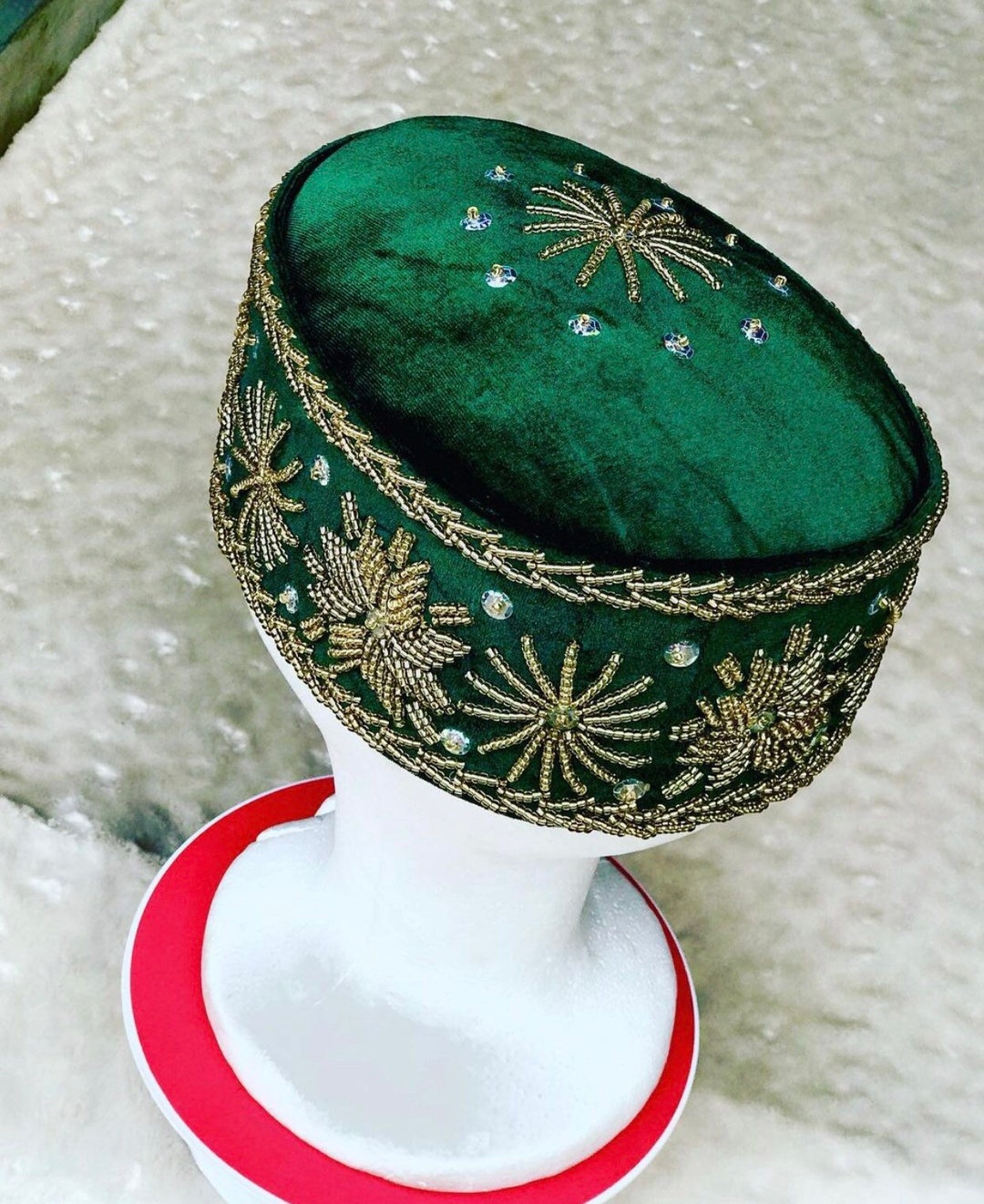 Green Beaded Velvet Round Cap. African Men's Cap. Nigerian