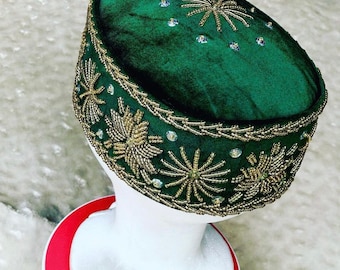 Green beaded velvet round cap. African men’s cap. Nigerian wedding hat. Round beaded caps for groom and groomsmen. Igbo wedding cap