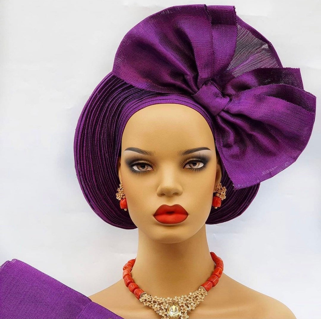 Autogele Aso-oke Purple, Pre-tied African Headwrap, Purple Autogele  Aso-oke, African Fabric, African Turban, African Headband, Nigerian Gele 
