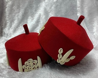 Red Igbo  cap with cowries . Chief cap for men. Nigerian wedding hat for groom and groomsmen. Round caps for men. Red African hat