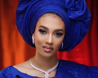 Royal blue pre-tied Asooke Autogele. Nigerian wedding headgear. Blue Asooke already made headtie. Blue African headgear