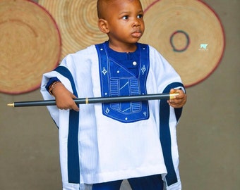 Blue and white African attire for kids. suit for baby boys. African traditional attire for kids. Nigerian wedding suit for kids