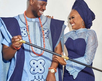 Skyblue and navyblue Asooke for couple. Indigo matching outfits for bride and groom. Blue Nigerian wedding suit for couple. African dress