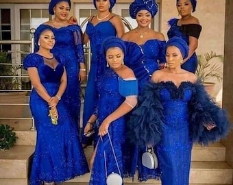 Royalblue Wedding Party Dresses. African Bridesmaids Dresses. Nigerian Wedding Party Dresses.5blue Laces Dresses for Wedding and Headgear. Etsy