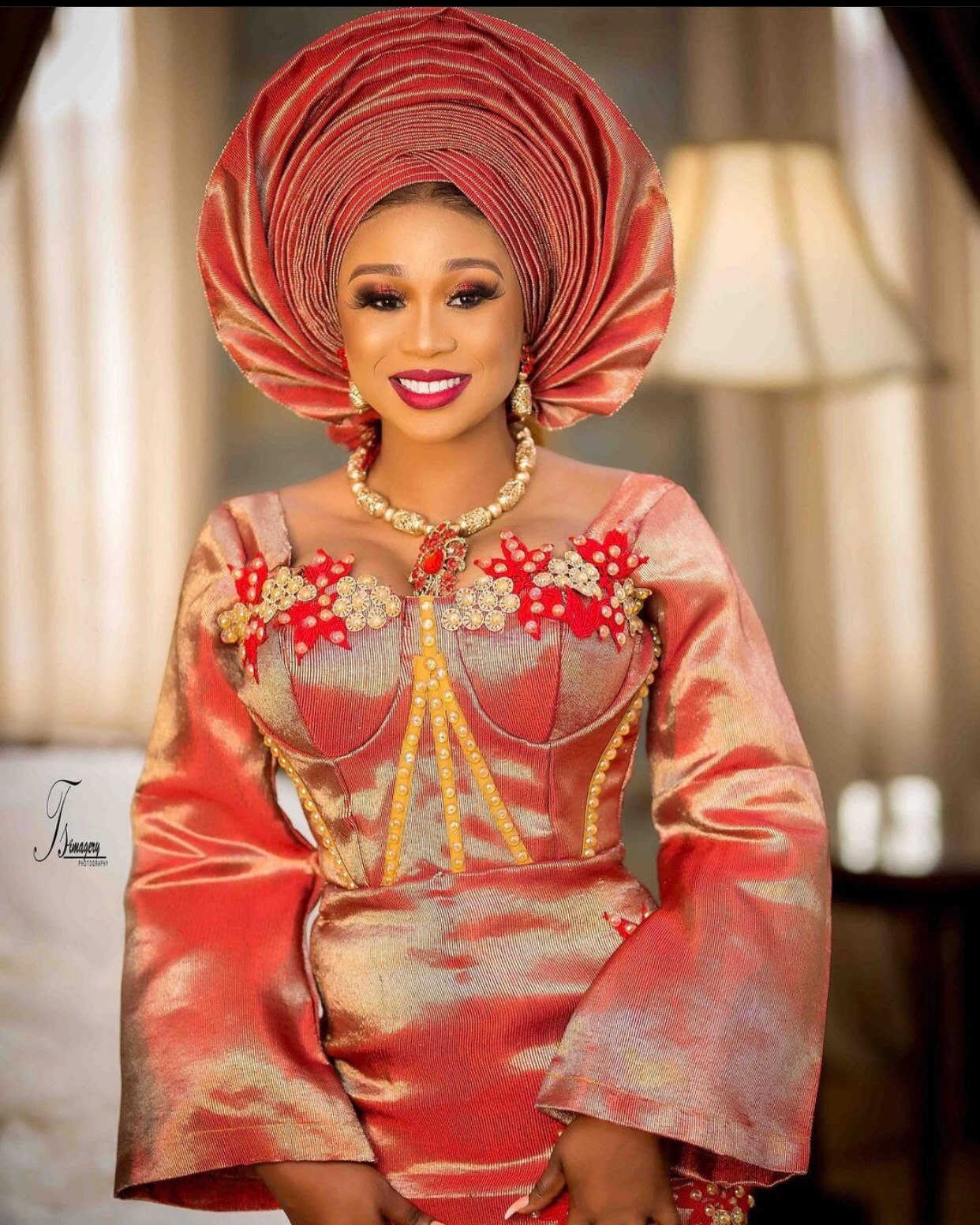Red and Gold Two Toned Asooke for Couple. Nigerian Wedding Suit