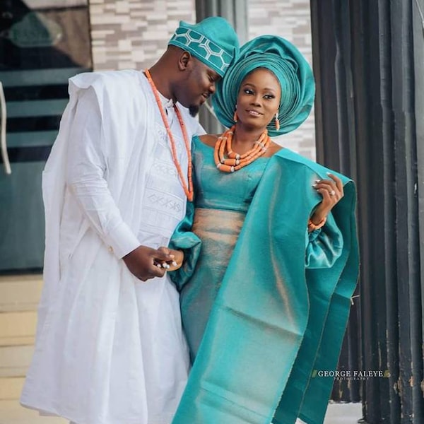 Aqua green and burnt orange wedding suit/Nigerian wedding dress/African couple matching outfits/Asooke for bride and groom/Asooke for couple