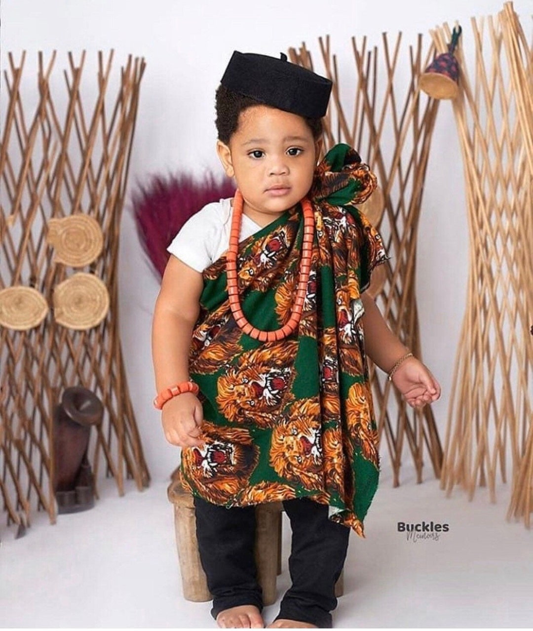 Igbo Baby Boys 1st Birthday Outfit. Green Isiagu Fabric. Igbo
