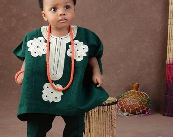 Emerald Green Danshiki Asooke for baby boy’s 1st birthday. Yoruba attire for boys. 2piece outfits for kids. African wear for boys