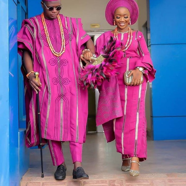 Magenta alari couple Asooke/traditional wedding dress/magenta pink asooke/Ondo Alari asooke/magenta pink African wedding suit/Nigerian dress