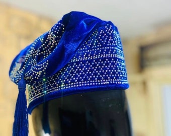 Royal blue embellished cap with tassel. Bendable blue African men’s hat. Nigerian wedding caps for groom and groomsmen. Velvet stoned cap.