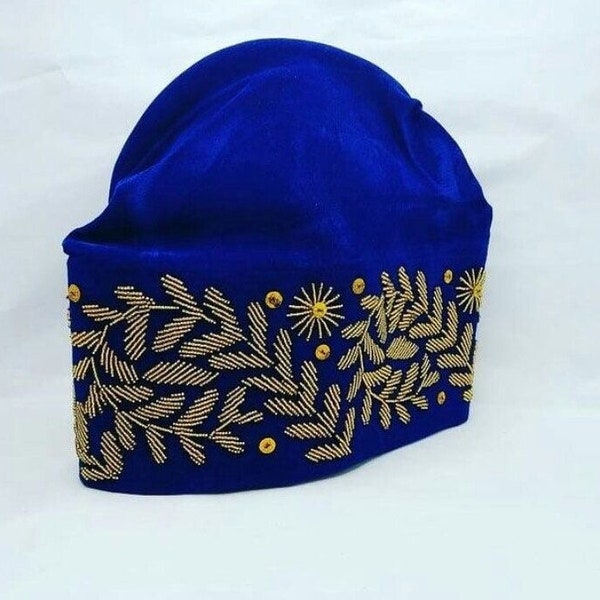 Königsblauer Herrenhut. Afrikanische Hochzeitsmütze. Nigerianischer Herrenhut. Fila Yoruba. Igbo Mützen. Blaue biegbare Kappen