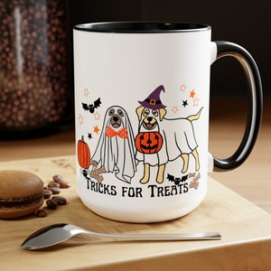 Caneca de café fofa de Halloween | Cachorro fantasma de Halloween | Caneca de café de Cachorro fantasma de Halloween | Canecas de café bicolor, 15 oz