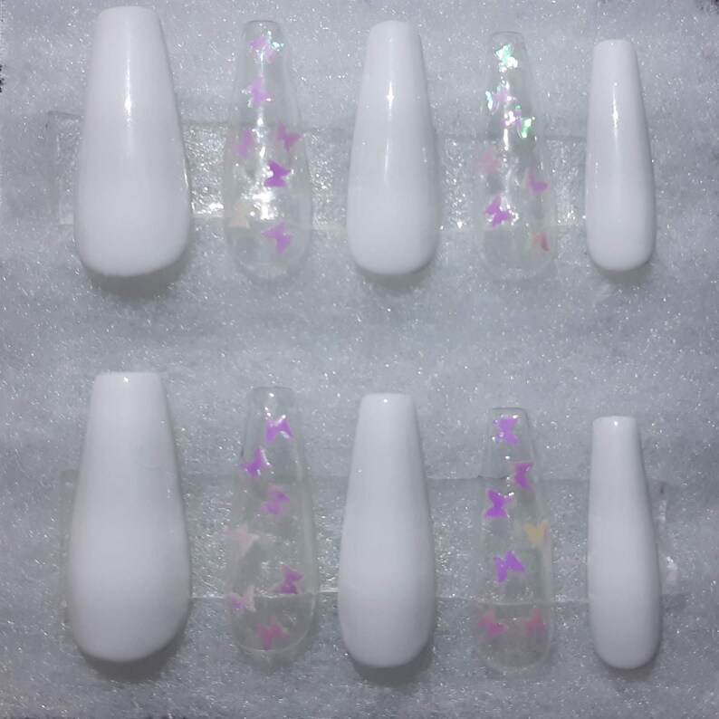 Butterfly Nails Neon Green White Nails Pink Butterflies - Etsy