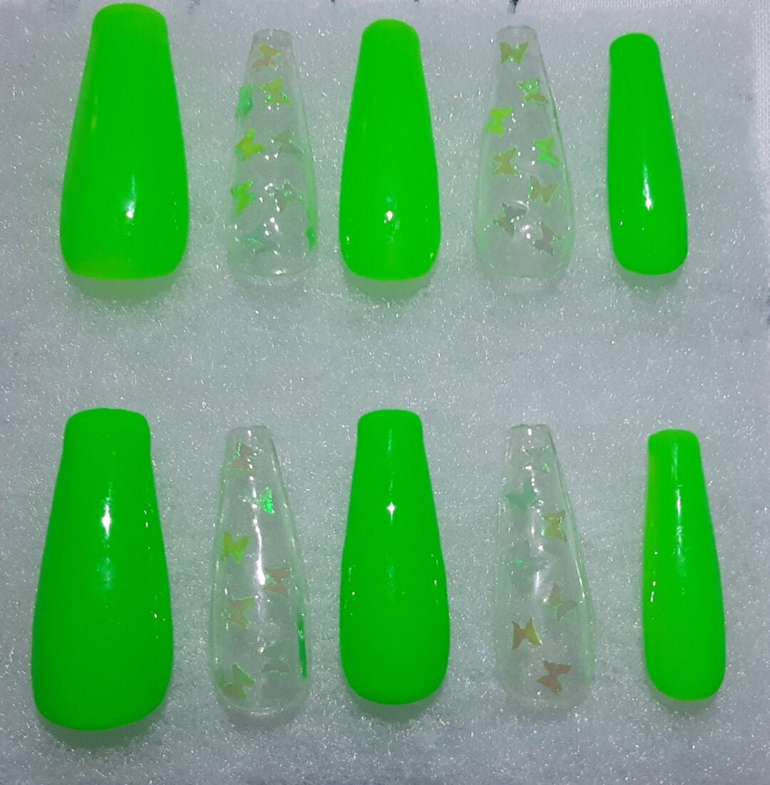 Butterfly Nails Neon Green White Nails Pink Butterflies - Etsy