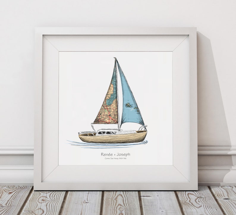 Nautical Adventures Sail Boat Custom Map Art Come Sail Away Etsy
