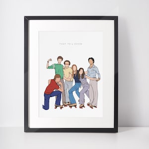 Puede incluir: Una ilustración digital del reparto de la serie de televisión "That 70's Show" en patines. Los personajes están dibujados en un estilo simple y de dibujos animados y visten ropa típica de la década de 1970.