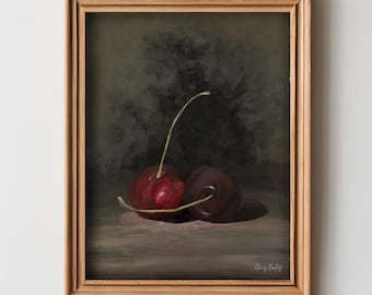 Pair of Cherries Moody Print | Hand Painted Acrylic on Canvas | Vintage Printable Wall Art | Digital Download | Cherry Art | Still Life Art