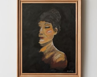 Portrait of Woman Moody Print | Hand Painted Acrylic on Canvas | Vintage Printable Wall Art