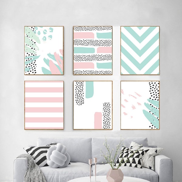 Abstract modern wall art set of 6 designs in mint green, white & pastel pink. Sweet, girly, pretty printable wall decor. Instant download.