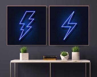 Blue Neon Lightning Bolt Print Set: Electric Wall Art (Digital Download)