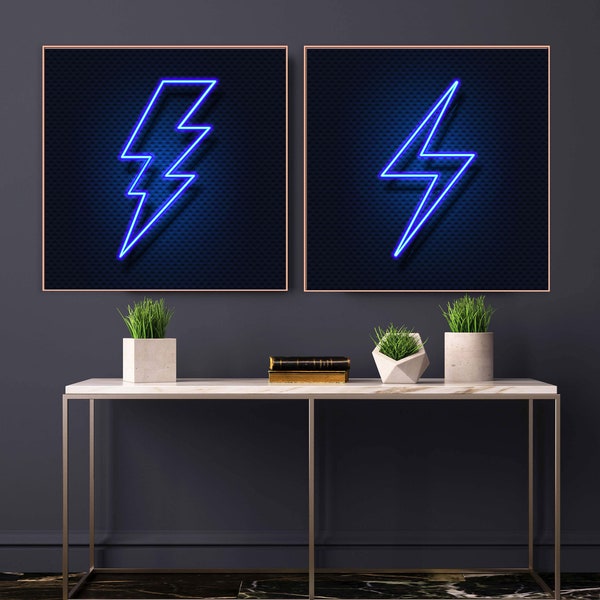 Neon lightning bolt in blue, set of 2 printable art. Glowing electric flash sign wall decor, instant download of blue neon sign on black