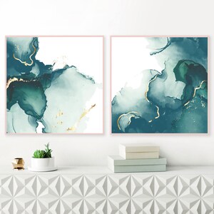 Emerald abstract marble watercolor art. Printable art, set of 2. Teal, green and gold modern, stylish, contemporary wall art. Luxury artwork