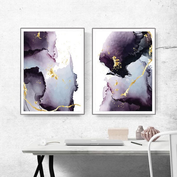 Abstract watercolor marble, printable art. Set of 2 in dark purple and gold. Modern, contemporary wall art. Luxury artwork. Instant download