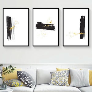 Black watercolor brush stroke with gold printable art, set of 3. Black & gold minimalist wall art. Simple, stylish decor. Instant download.