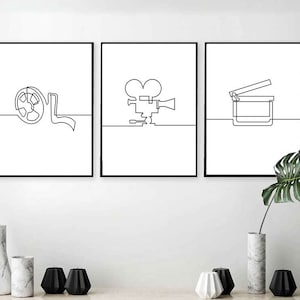 Black & white continuous line drawing movie icons, set of 3 printable art. Instant download. Film reel, clapper, video camera. Movie prints