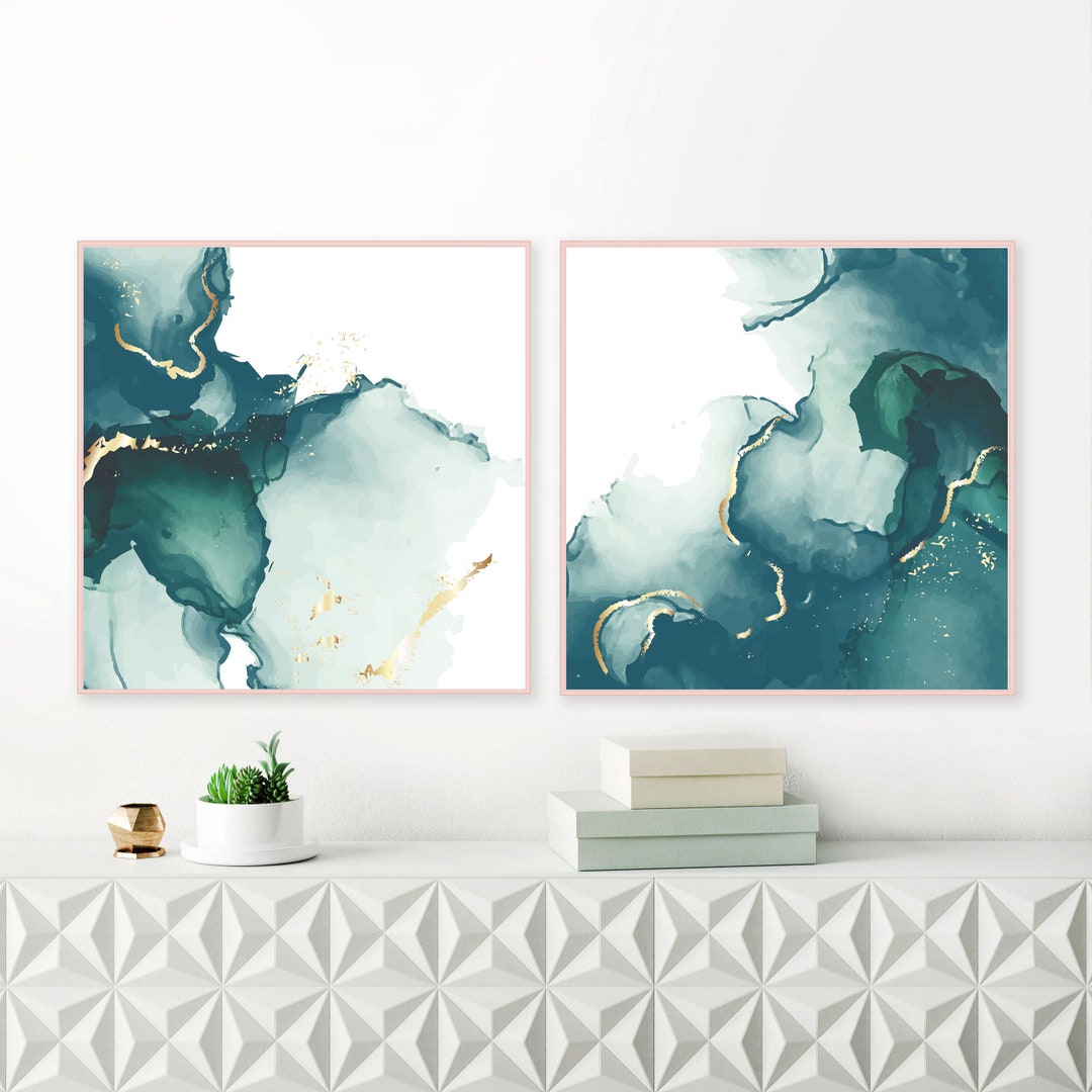 Emerald Green Marble Watercolor Art Print Set: Teal Gold Abstract ...