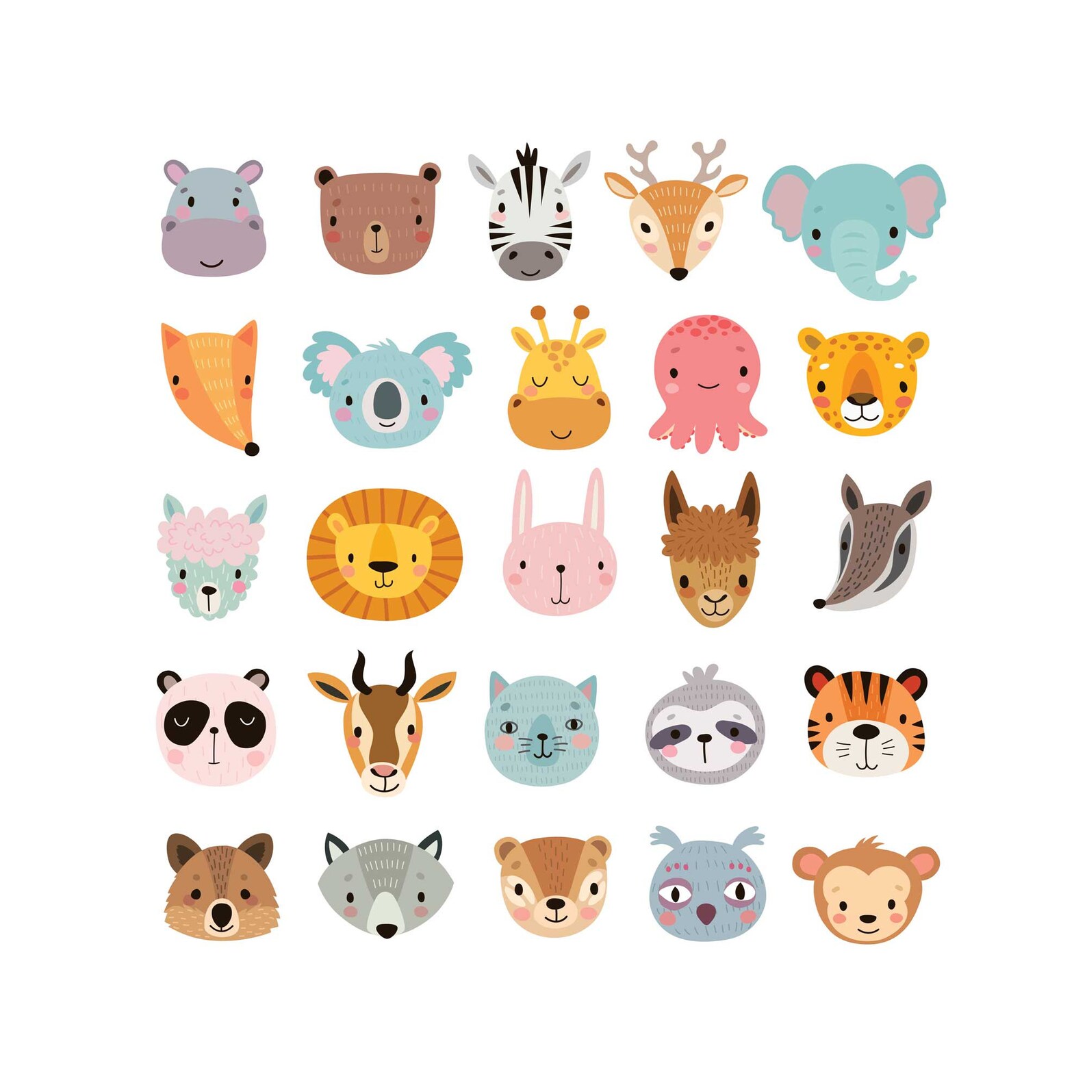 Kids Animal Heads Wall Art, Printable Art, Illustrations of Animals for