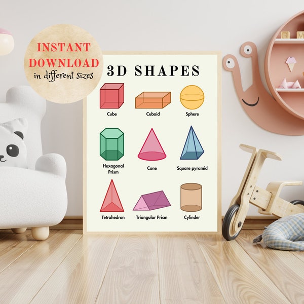 Educational 3D Shapes Poster, Learning Poster, Geometric Shapes Print, Classroom Decor, Rainbow Shapes Print, Math Learning Poster, For Kids