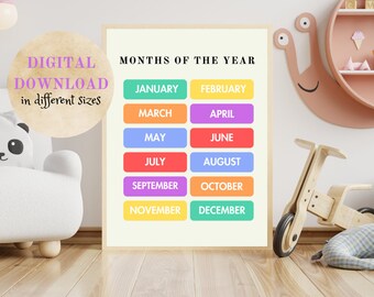 Rainbow Months of the Year Poster, Educational Wall Art, Rainbow Nursery Print, Nursery Decor, Homeschool Decor, Colorful Classroom Art, PDF