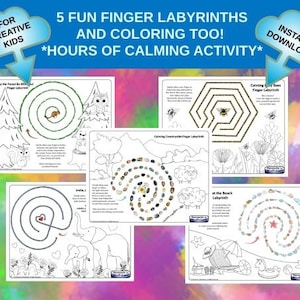 May include: Five printable black and white coloring pages featuring finger labyrinths with different themes, including a forest, a beach, a beehive, and a countryside scene. The title of the set is "5 Fun Finger Labyrinths and Coloring Too! *Hours of Calming Activity*" and the text "Instant Download" is in a cloud shape.