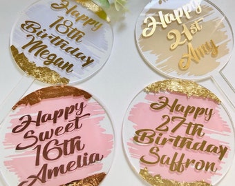 Acrylic Cake Toppers, personalised cake topper. Paddle topper. Clear birthday topper. Luxury topper. Gold leaf topper