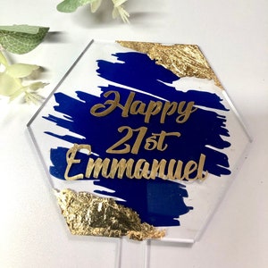 Acrylic Cake Topper. Personalised paddle topper, clear birthday topper, hexagon topper. Luxury topper. Gold leaf topper.