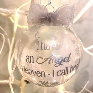Memorial Bauble, personalised with Feathers, Angel Charm, memory bauble