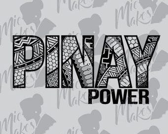 Könnte beinhalten: Schwarzweißes Grafikdesign mit dem Text "PINAY POWER" in einem Tribal-Muster.