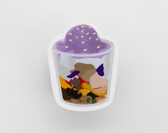May include: A purple and white dessert in a clear cup with a purple ice cream topping and sprinkles. The dessert is filled with various fruits and other toppings.