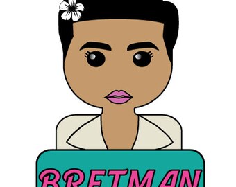 Könnte beinhalten: Eine Cartoon-Illustration einer Person mit brauner Haut, schwarzen Haaren und einer weißen Blume hinter dem Ohr. Die Person trägt ein weißes Hemd und hat einen rosa Mund. Der Text "Bretman" ist in rosa Buchstaben auf einem türkisfarbenen Hintergrund geschrieben.